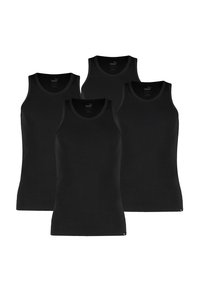 Schwarze Baumwoll-Tanktops im Viererpack, mit Rundhalsausschnitt und ohne Ärmel; glatte Textur mit PUMA-Logo unten links.