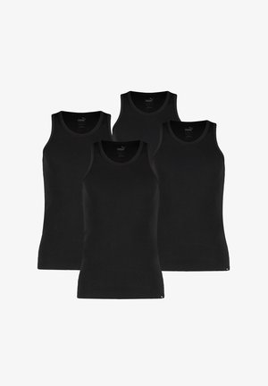 Schwarze Baumwoll-Tanktops im Viererpack, mit Rundhalsausschnitt und ohne Ärmel; glatte Textur mit PUMA-Logo unten links.