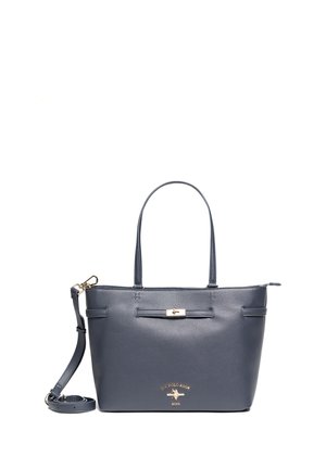 Marineblaue, strukturierte Tote-Bag von U.S. Polo Assn. mit doppelten Griffen, abnehmbarem Schulterriemen sowie goldenen Logo- und Verschlussdetails.