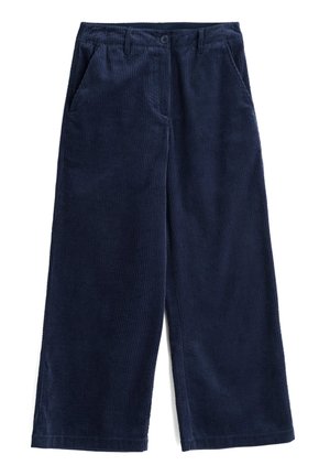 Pantalons en velours côtelé larges bleu marine avec des côtes verticales, dotés de deux poches latérales et d'une fermeture à bouton à l'avant. Tissu doux et texturé.