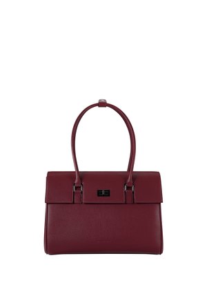 Torba od kožnih burgunda s teksturom kamenčića, strukturiranim pravokutnim oblikom, zatvaranjem na gornju preklopnicu i dvjema dugim ručkama.