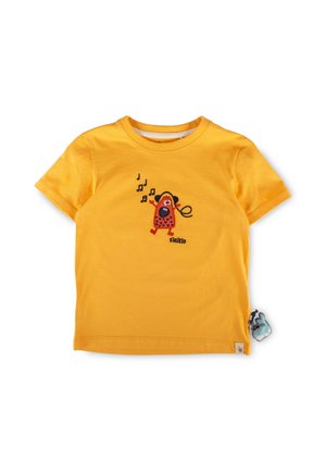 Short-sleeve yellow toddler t-shirt with a red cartoon monster wearing headphones and musical notes above it.