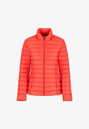 Red puffer jacket with a high collar, horizontal quilted texture, front zipper, and long sleeves. Made of lightweight, insulated material.