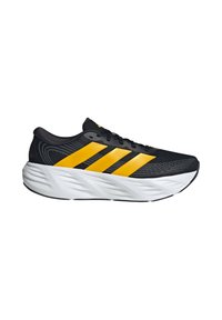 Black running shoe with three yellow stripes on the side, black laces, and thick white cushioned sole, shown from the outer side.