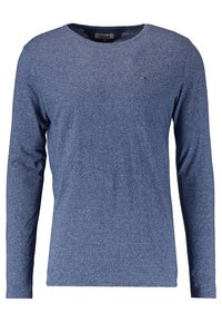 Långärmad skjorta i en melerad marinblå tyg, rund hals, med en liten logotypdetalj på bröstet. Mjuk textur, standard passform.