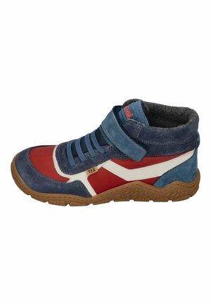 Child’s high-top sneaker with blue suede, red and white accents, blue laces, brown rubber sole, and Velcro strap closure.