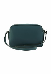 Borsa a tracolla rettangolare in pelle color teal con una lunga tracolla regolabile e chiusura con zip superiore su uno sfondo bianco.