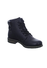 Schwarze Knöchelstiefel aus synthetischem Leder, runde Zehenform, Schnürung vorne, seitlicher Reißverschluss und ein graues, flauschiges Futter am Kragen. Flache, strukturierte Sohle.