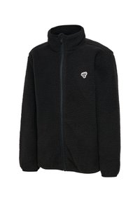 Sort fleecejakke med fuld lynlås, høj krave og lille broderet bi-logo på venstre bryst.