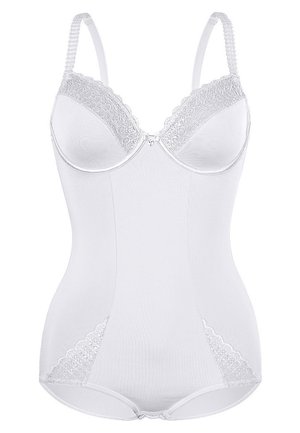 Weißer Bodysuit mit Spitzenbesatz, Unterwäsche-Cups, verstellbaren Trägern und glatter Textur. Entworfen mit einer figurbetonten Silhouette.