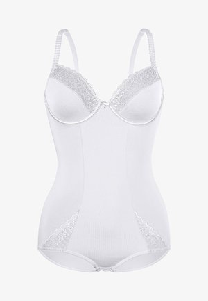Weißer Bodysuit mit Spitzenbesatz, Unterwäsche-Cups, verstellbaren Trägern und glatter Textur. Entworfen mit einer figurbetonten Silhouette.