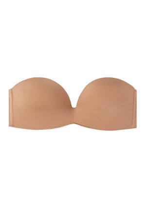 Nude strapless beha vervaardigd uit gladde stof met een gevormd, naadloos ontwerp en zijkantsteunen voor ondersteuning. Eenvoudige haak-en-oogsluiting aan de achterkant.