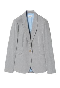 Gestreifte Blazer in Marineblau und Weiß, mit einem einzelnen Holzknopf, Reverskragen und zwei vorderen Taschen mit Akzentpaspel.