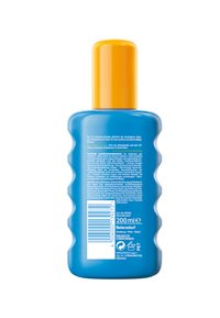 Blue plastic bottle with an orange cap, ribbed sides, 200 ml capacity. The back features white text with product details and ingredients.