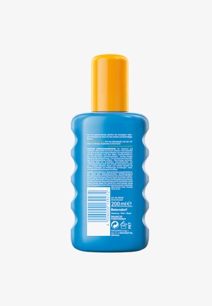 Blue plastic bottle with an orange cap, ribbed sides, 200 ml capacity. The back features white text with product details and ingredients.