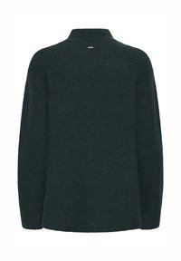 Pulover verde închis, textură moale, croială lejeră, guler înalt și o etichetă mică de marcă aproape de linia gâtului în spate. Fără modele sau ornamente.