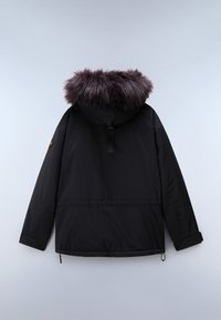 Sort jakke med en plyss, mørk lilla faux fur hætte. Har et midtlængde design, sidelommer og en snoretræk i kanten.