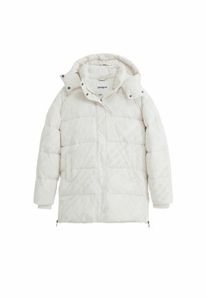 Weißer Pufferjacke mit Kapuze, die ein gestepptes Design und ein dezentes strukturiertes Muster aufweist. Enthält seitliche Taschen und Reißverschlussbeschläge.