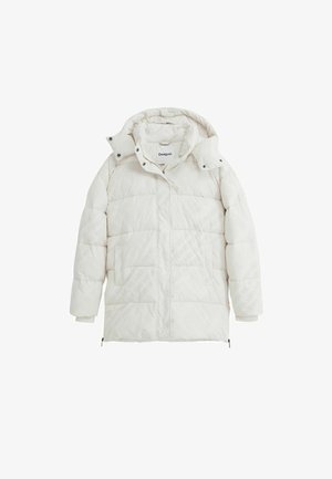 Biała kurtka puchowa z kapturem, z pikowanym wzorem i subtelną teksturą. Posiada boczne kieszenie oraz akcenty w postaci zamków.