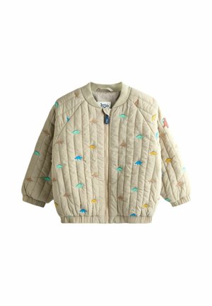 Beige quiltet børnejakke med farverige broderede dinosaurer, lynlås foran, ribbet manchetter og elastisk kant.
