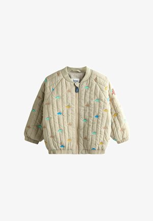 Beige quiltet børnejakke med farverige broderede dinosaurer, lynlås foran, ribbet manchetter og elastisk kant.