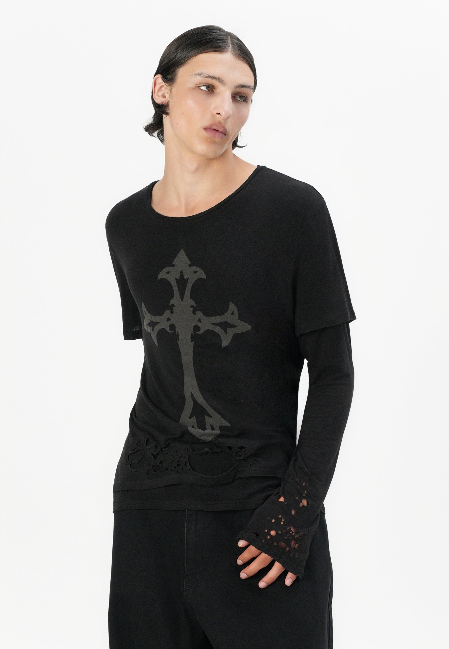 Jaded London DOUBLE LAYER DISTRESSED - Long sleeved top - black
