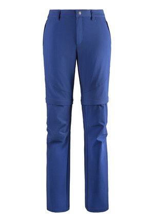 Blue, durable pants with zippered side pockets, a button closure, and a zip-off lower section for versatility. Smooth texture with subtle seams.