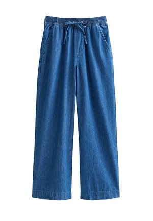 Blue wide-leg denim pants with an elastic waistband and drawstring, featuring front pockets and a relaxed fit.