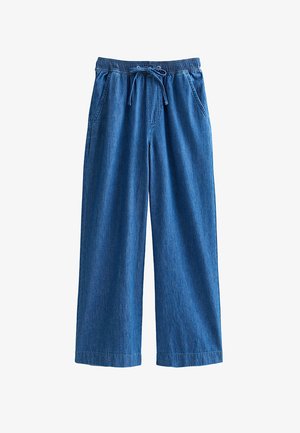 Blue wide-leg denim pants with an elastic waistband and drawstring, featuring front pockets and a relaxed fit.