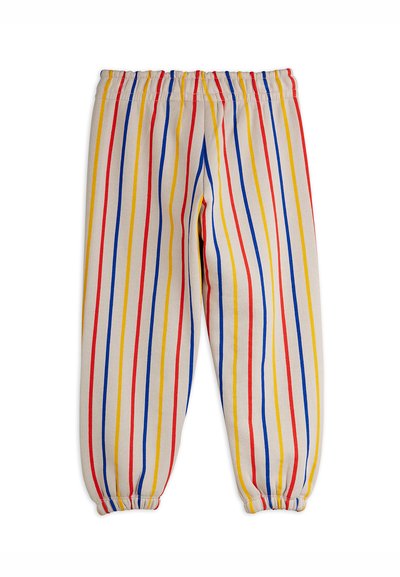 Bomullsbukser med elastisk midja, med vertikala ränder i röd, blå, gul och beige. Taperad byxdesign.