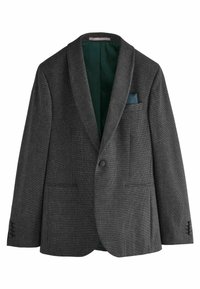 Blazer gris texturizado con solapa en pico, cierre de un solo botón y dos bolsillos frontales. Interior forrado con tela verde y cuenta con un pañuelo de bolsillo.