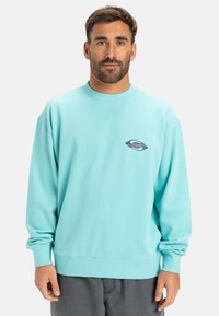 Turquoise sweatshirt with long sleeves, crew neck, and a small gray and pink logo on the chest. Soft fabric with a relaxed fit.