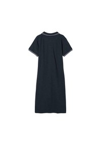 Robe polo marine à manches courtes, dotée d'un col et de rayures contrastées sur les bords des manches. Texture en coton lisse et design longueur genou.