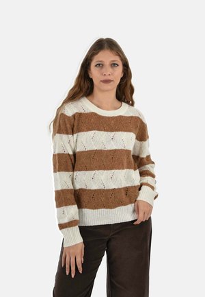 Maglione lavorato a maglia con strisce alternate marroni e crema, caratterizzato da un motivo testurizzato, polsini a coste e un collo rotondo, indossato con pantaloni scuri.