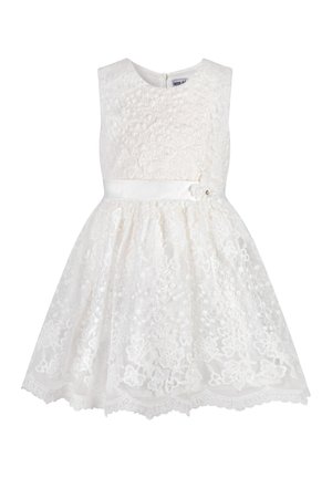 Biała koronkowa sukienka bez rękawów, z teksturowanym kwiatowym wzorem, satynowym pasem w talii i kwiatowym akcentem, z zapięciem na zamek z tyłu.
