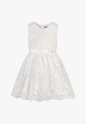 Weißes Spitzenkleid mit ärmelloser Silhouette, strukturiertem Blumenmuster, Satinbund und Blumenakzent, mit Reißverschluss auf der Rückseite.