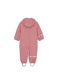 Rosa vattentät overall med huva, elastiska ärmslut och reflexremmar. Har svarta öglor vid anklarna för ett säkert passform. Slät textur.