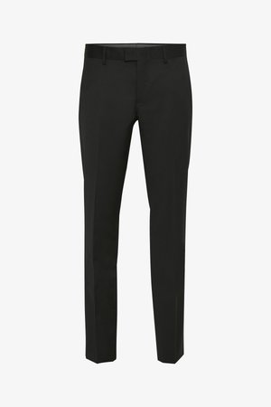 Mustad püksid sirge lõikega, sile tekstuur ja lame esiosa. Omab vööaasadega vööd ja peent õmblusdetaili.