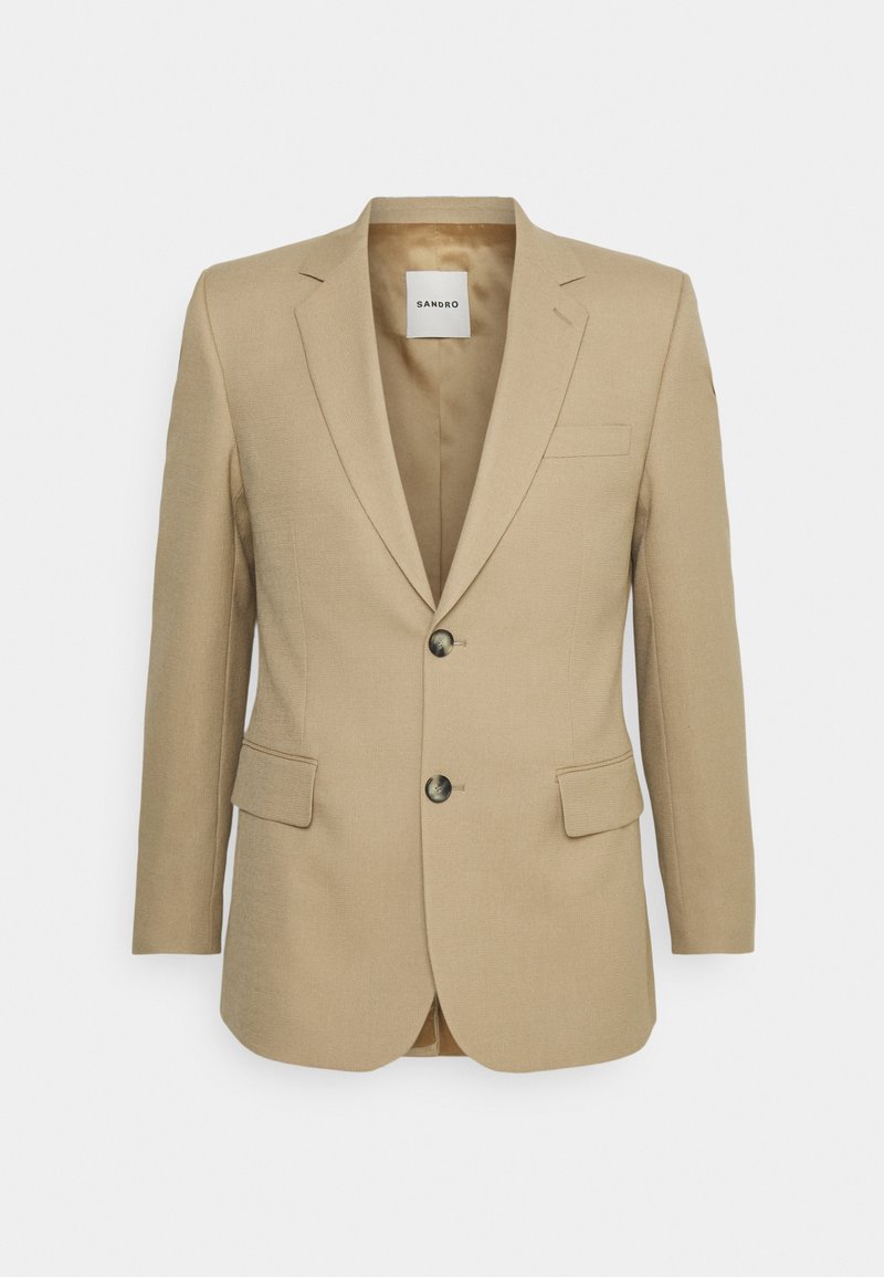 Khaki blazer made from textured fabric, featuring a single-breasted design, two front pockets, and subtle lapel detailing.