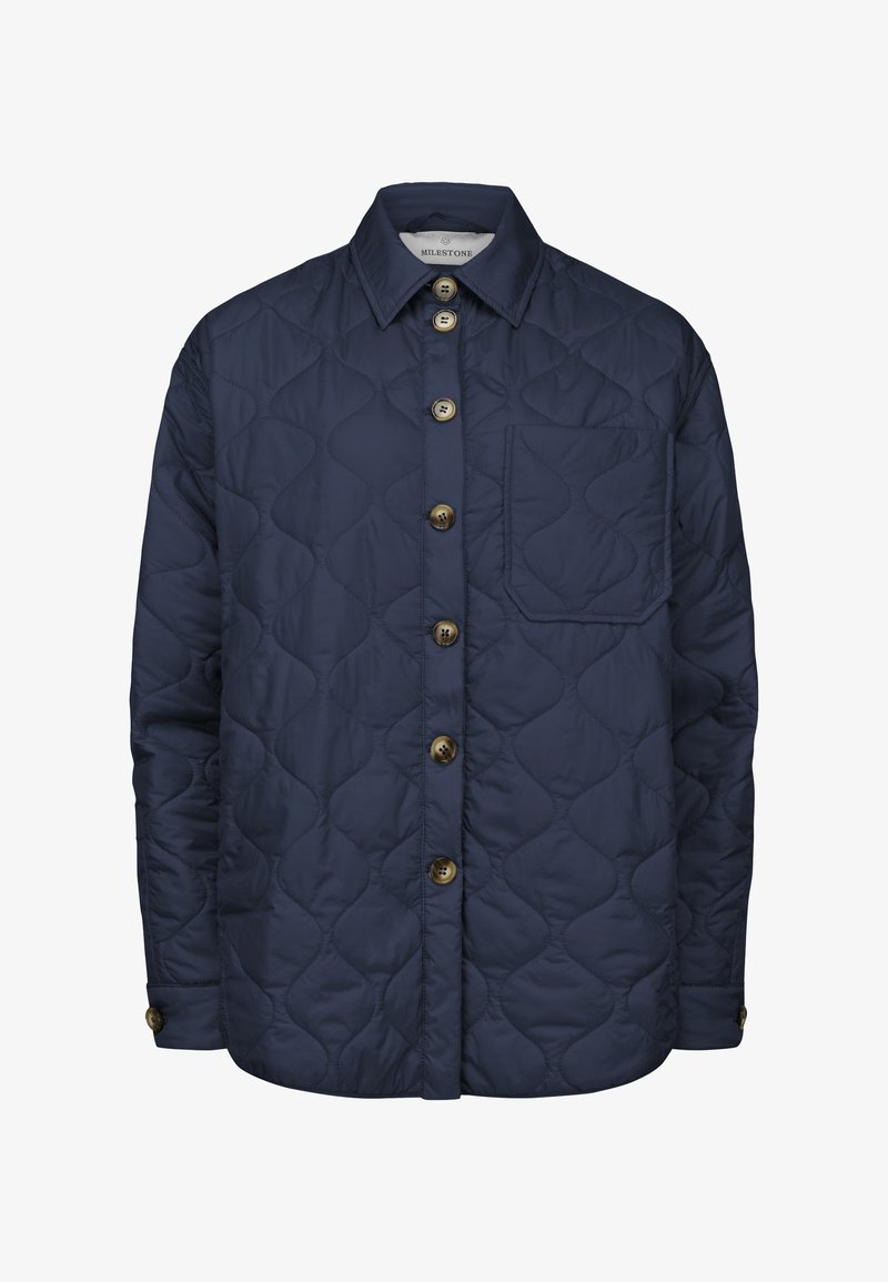 Marineblauer gesteppter Blazer mit Kragen, Knopfleiste und einer Brusttasche. Ausgestattet mit abgerundeten Mustern und Knöpfen in Goldton. Glatte Textur.