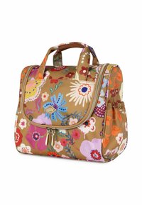 Borsa in tessuto marrone con motivo floreale, dotata di due manici superiori, chiusura con zip e tasca laterale. Presenta colori vivaci e dettagliati disegni di fiori.