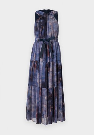 Maxi šaty bez rukávov s modro-fialovým vzorom, viacvrstvovým dizajnom, elastickým pásom a zodpovedajúcim opaskom v páse.