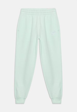 Jasno pastelowe zielone spodnie dresowe Nike z elastycznym pasem, bocznymi kieszeniami, ściągaczami przy kostkach oraz białym logo Nike na lewym udzie.