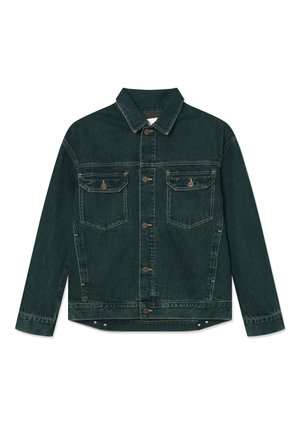 Dark green denim jacket with long sleeves, button front, two chest pockets with button flaps, and stitching details.