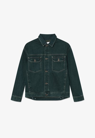 Tumši zaļš džinsa jakas ar garām piedurknēm, pogu aizdari, divām krūšu kabatām ar pogu atloka un šuvju detaļām.