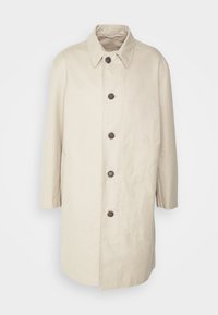 Beiger knielanger Mantel mit Kragen, langen Ärmeln und fünf dunklen Knöpfen vorne, mit Fronttaschen und einfachen Steppnähten.