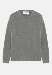 Gray wool sweater with crew neck, ribbed cuffs and hem, and a small pink heart logo on the left chest. Soft texture.