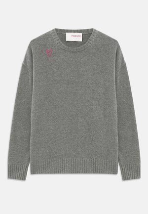Gray wool sweater with crew neck, ribbed cuffs and hem, and a small pink heart logo on the left chest. Soft texture.