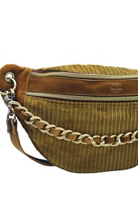 Sac en velours côtelé de couleur jaune moutarde avec une bandoulière en chaîne dorée, doté d'une poche avant zippée et d'un détail de logo embossé.