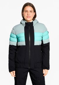 Padded jacket featuring a hood, color-blocked design with light teal and black, zip front, and elastic waistband for a snug fit.